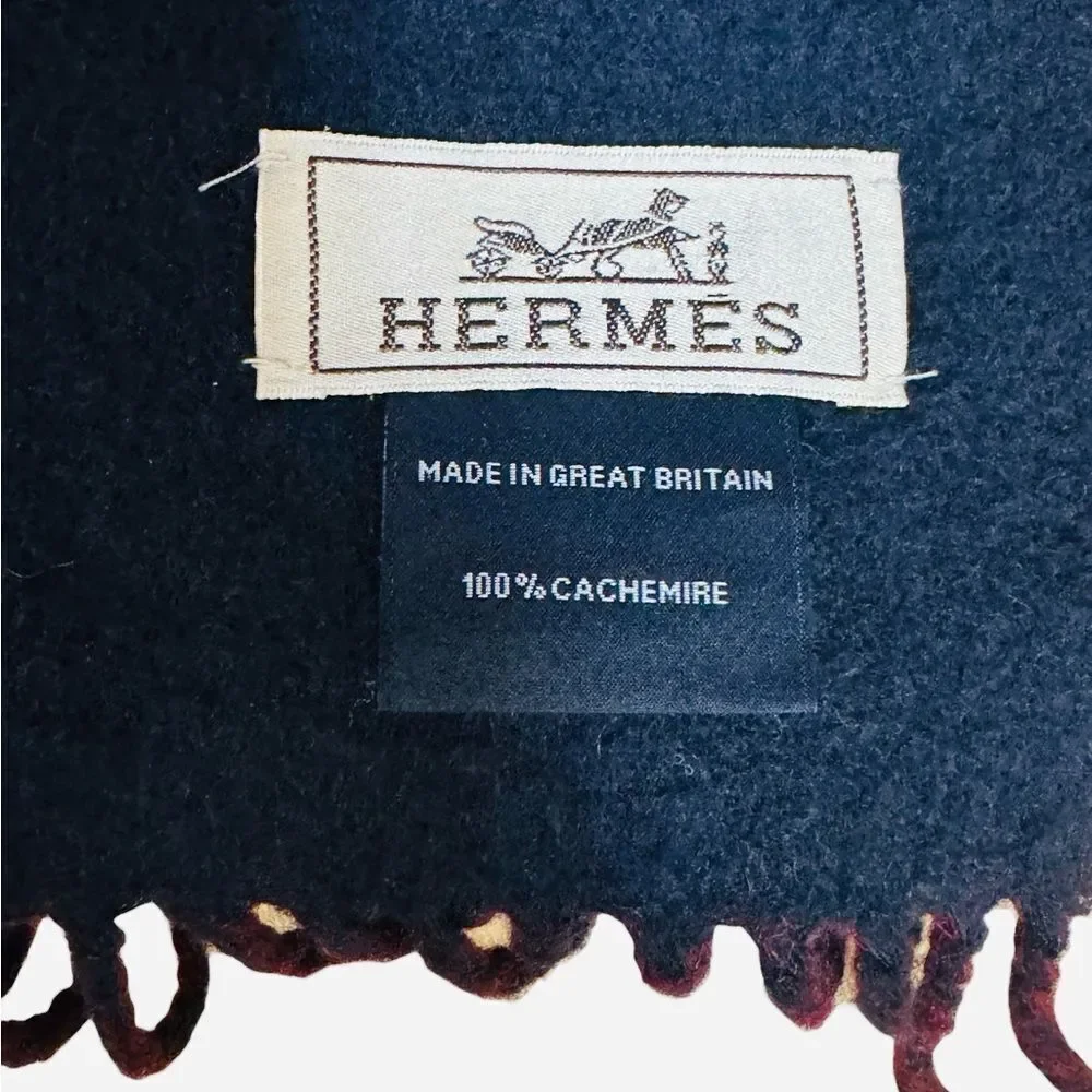 Hermes Bordeaux & Navy Blue 100% Cashmere Kasak Fringed Shawl Wrap Scarf Auth